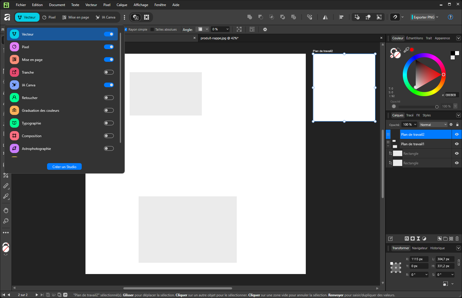 Le Gestionnaire de Studio d'Affinity ouvert sous les boutons des studios : Vecteur, Pixel, Mise en page et IA Canva ont leur interrupteur bleu, Tranche, Retoucher, Graduation des couleurs, Typographie, Composition et Astrophotographie sont éteints.