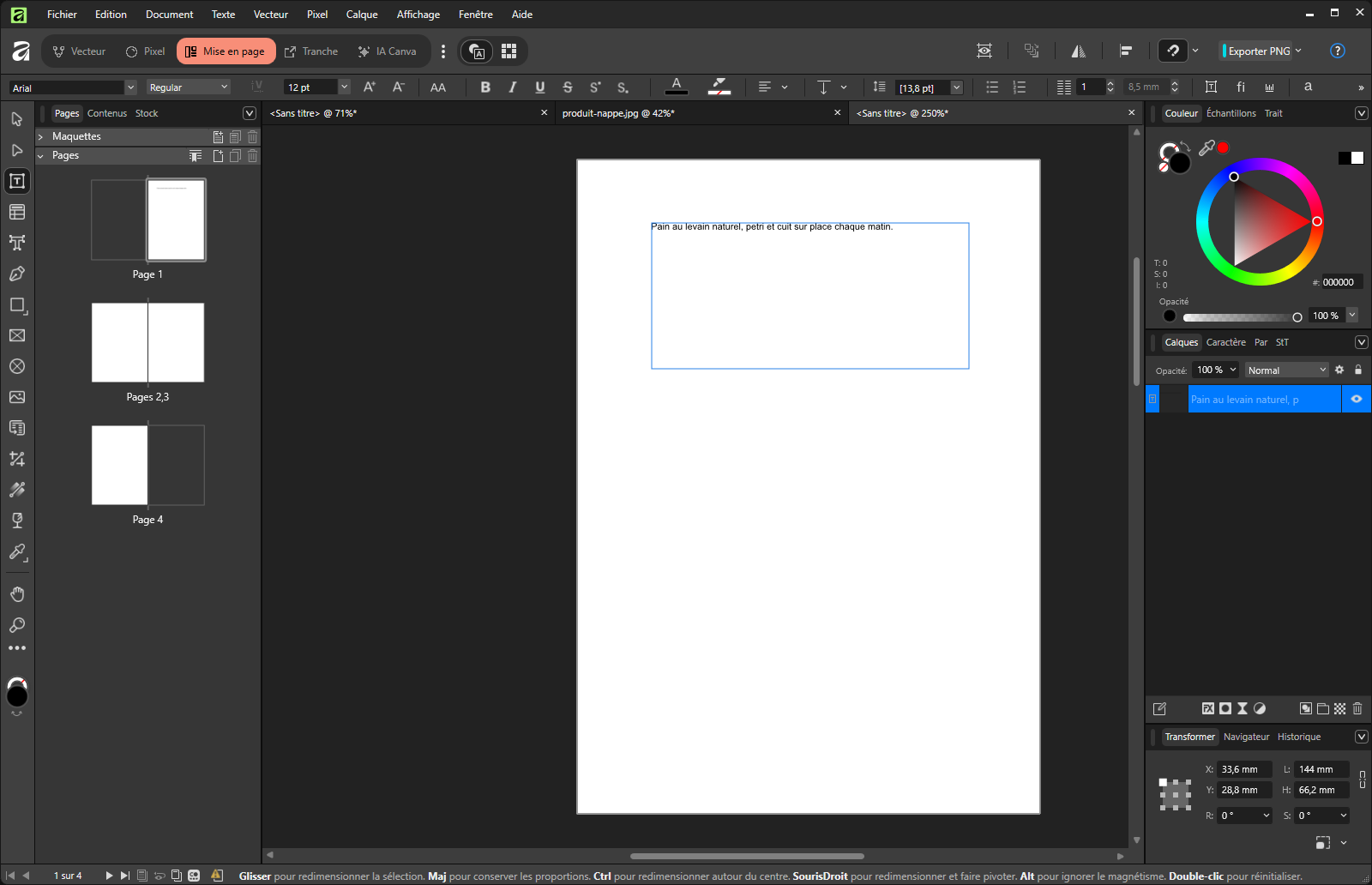 Le studio Mise en page d'Affinity : le bouton Mise en page est actif en haut à gauche, entre Pixel et Tranche ; le panneau Pages à gauche montre quatre pages ; une zone de texte est en cours de saisie sur la page.