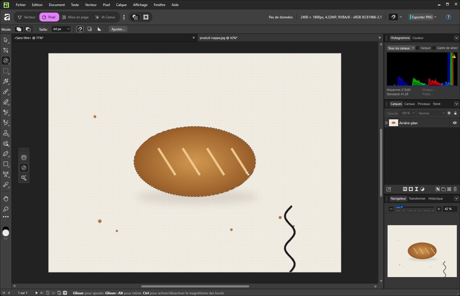 Le studio Pixel d'Affinity avec le Pinceau de sélection : la barre contextuelle affiche Mode, Taille 64 px et le bouton Ajuster…, et le pain est entouré par la sélection.