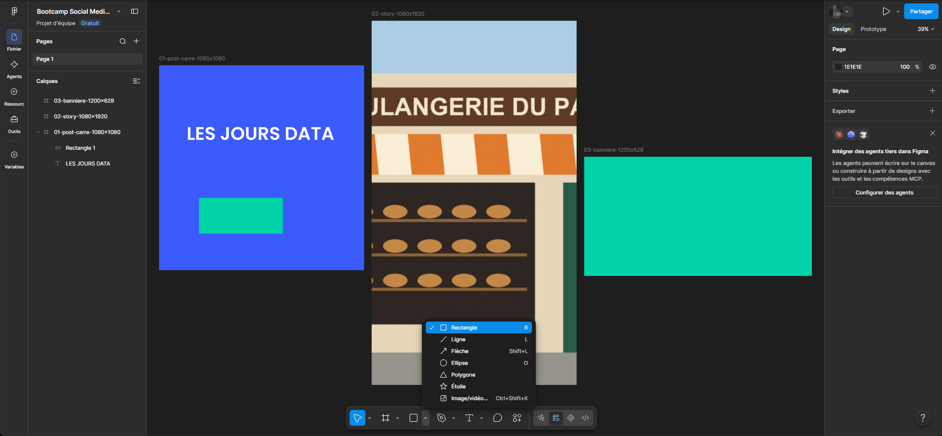 La barre d&rsquo;outils de Figma, en bas de l&rsquo;écran : Déplacer, Frame, Rectangle, Stylo, Texte, Commentaire et Actions, avec le menu des formes ouvert au-dessus de Rectangle