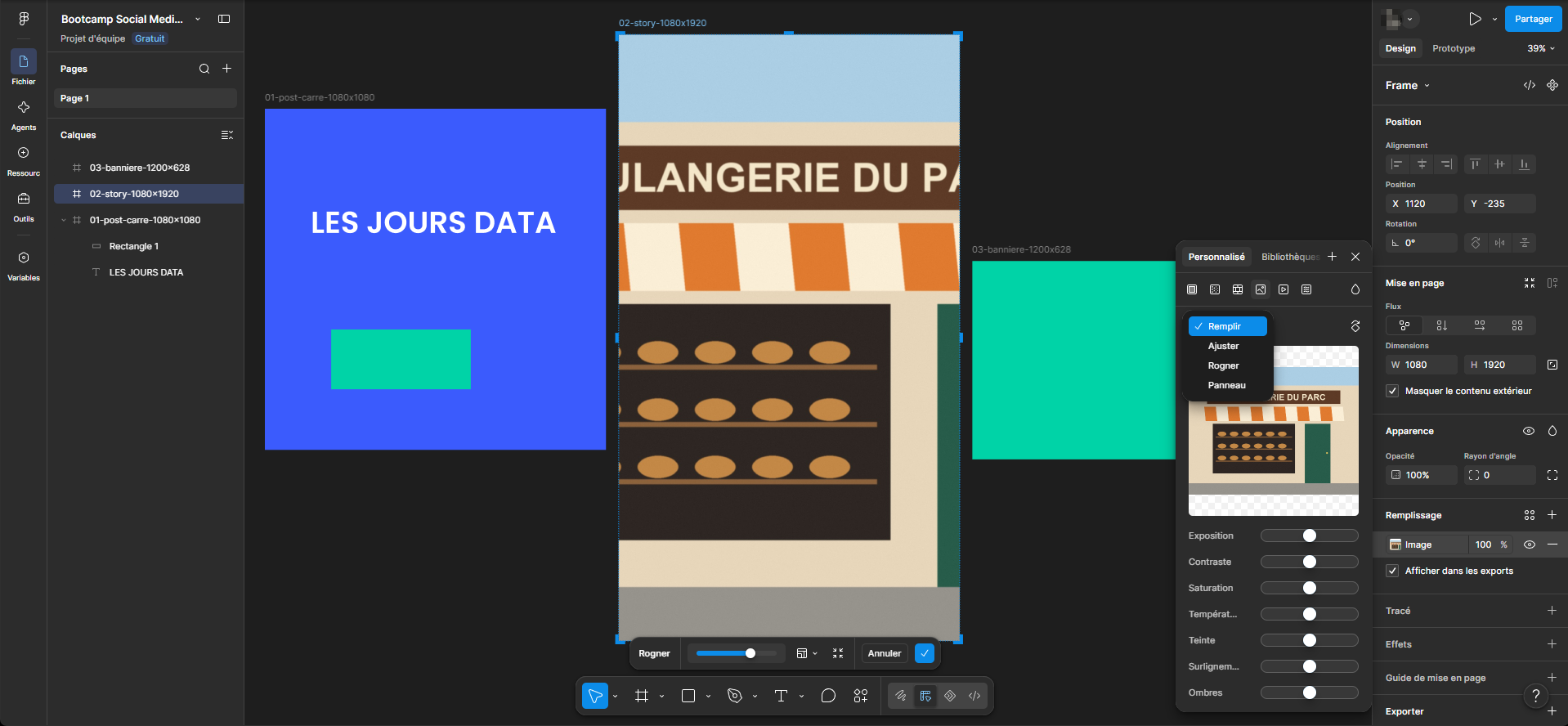 Le sélecteur de couleur de Figma sur la ligne Image du remplissage, liste des modes ouverte : Remplir, Ajuster, Rogner, Panneau, et les curseurs Exposition à Ombres
