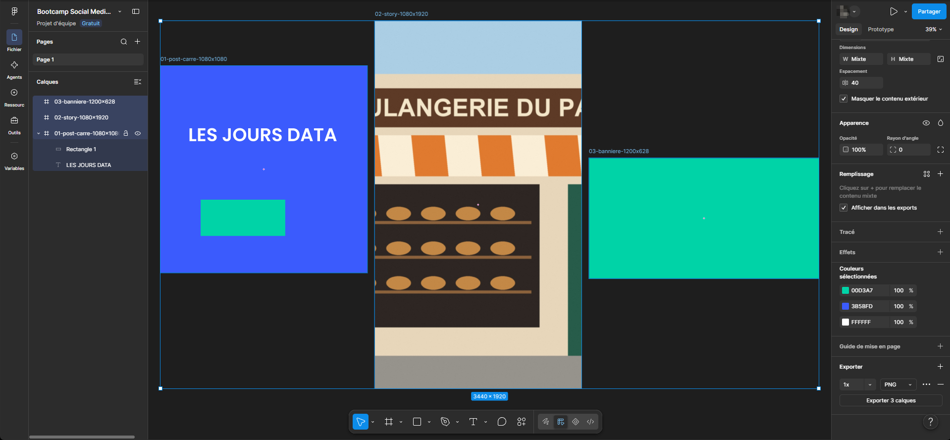 Le panneau Design de Figma avec plusieurs frames sélectionnées : la section Exporter montre une ligne 1x et PNG, et le bouton Exporter 3 calques ; la section Remplissage dit « Cliquez sur + pour remplacer le contenu mixte ».