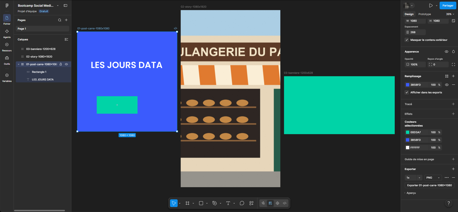 Le panneau Design de Figma, défilé jusqu'en bas : la section Exporter montre une ligne 1x et PNG (avec ses paramètres avancés) et le bouton Exporter suivi du nom de la frame, puis la ligne Aperçu.