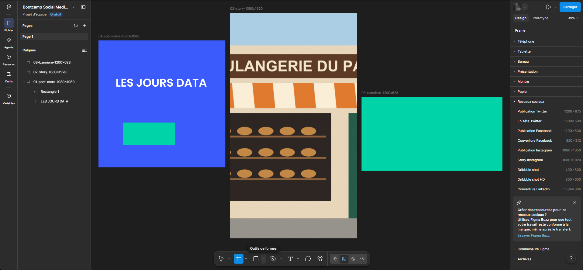 Le panneau Design de Figma avec l'outil Frame : la liste des formats, catégorie Réseaux sociaux dépliée (Publication Twitter 1200 × 675, En-tête Twitter, Publication Facebook 1200 × 630, Couverture Facebook, Publication Instagram 1080 × 1350, Story Instagram 1080 × 1920, Dribbble shot, Couverture LinkedIn).