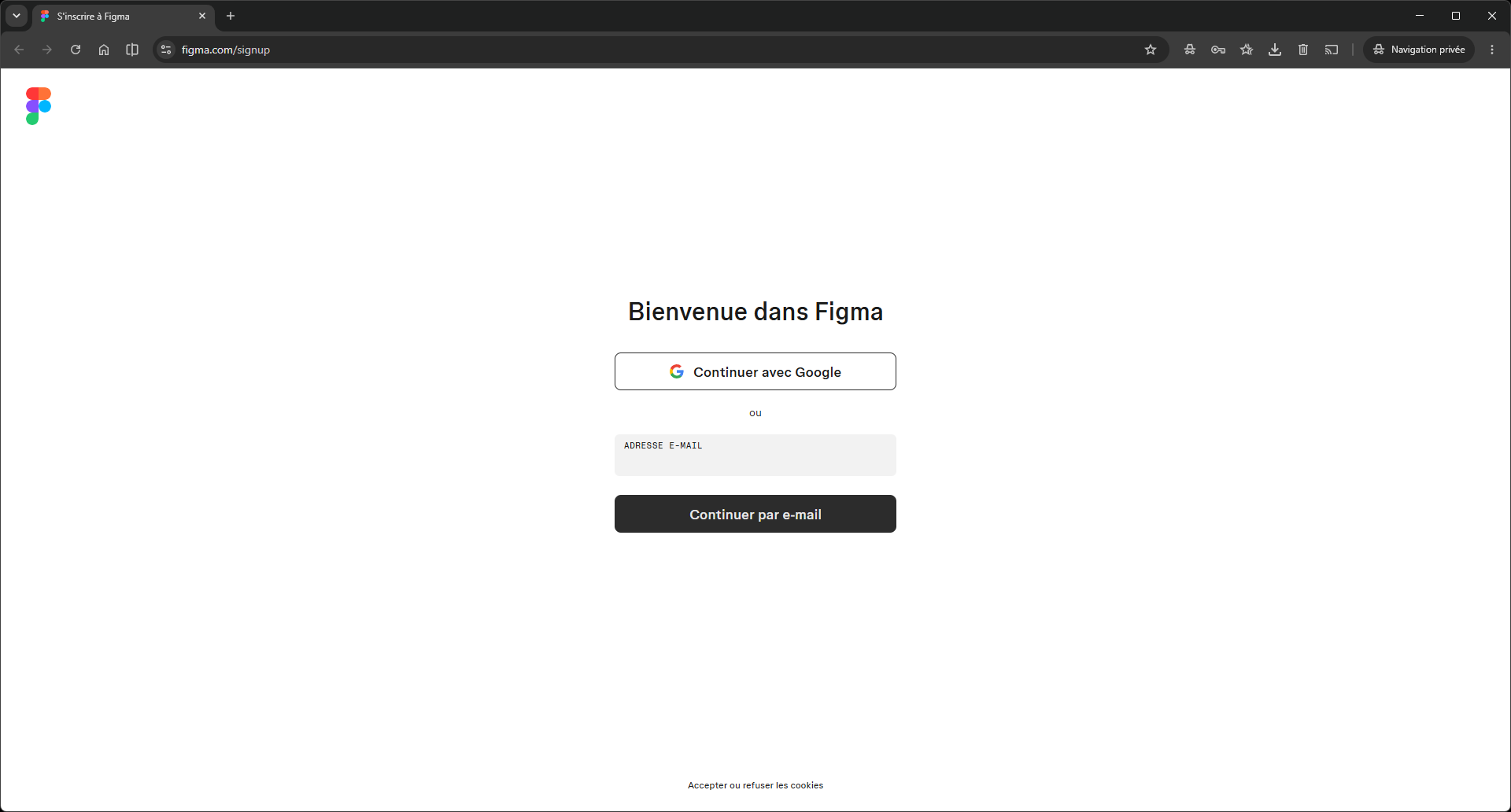 La page d'inscription de Figma, figma.com/signup : « Bienvenue dans Figma », le bouton Continuer avec Google, le champ Adresse e-mail et le bouton Continuer par e-mail.