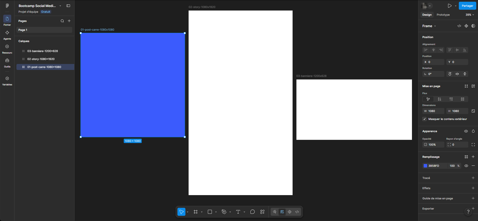 L'éditeur de Figma avec la frame du post carré sélectionnée : dans le panneau Design, la section Remplissage montre la pastille de couleur, le code hexadécimal 3B5BFD, l'opacité 100 % et l'œil.