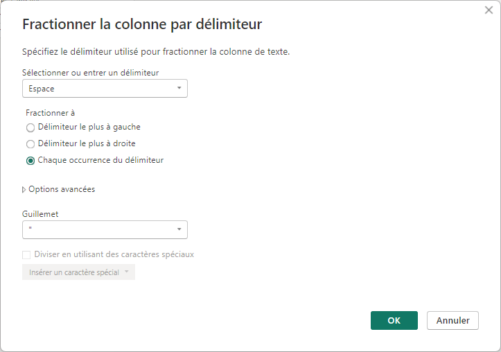 Boîte Fractionner la colonne par délimiteur avec Espace sélectionné