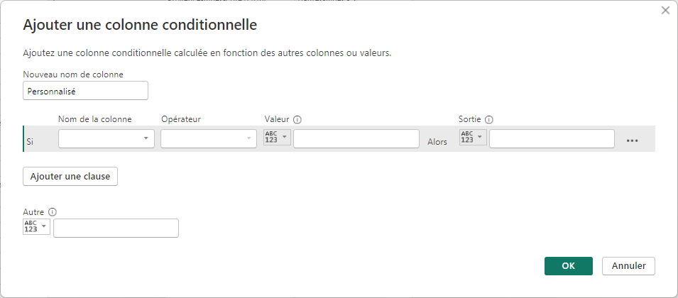 Boîte de dialogue Colonne conditionnelle avec une règle Si...Alors...Sinon