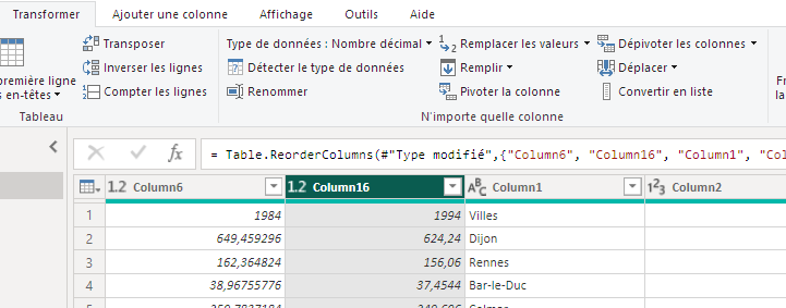Colonnes 1984 et 1994 déplacées au début dans Power Query