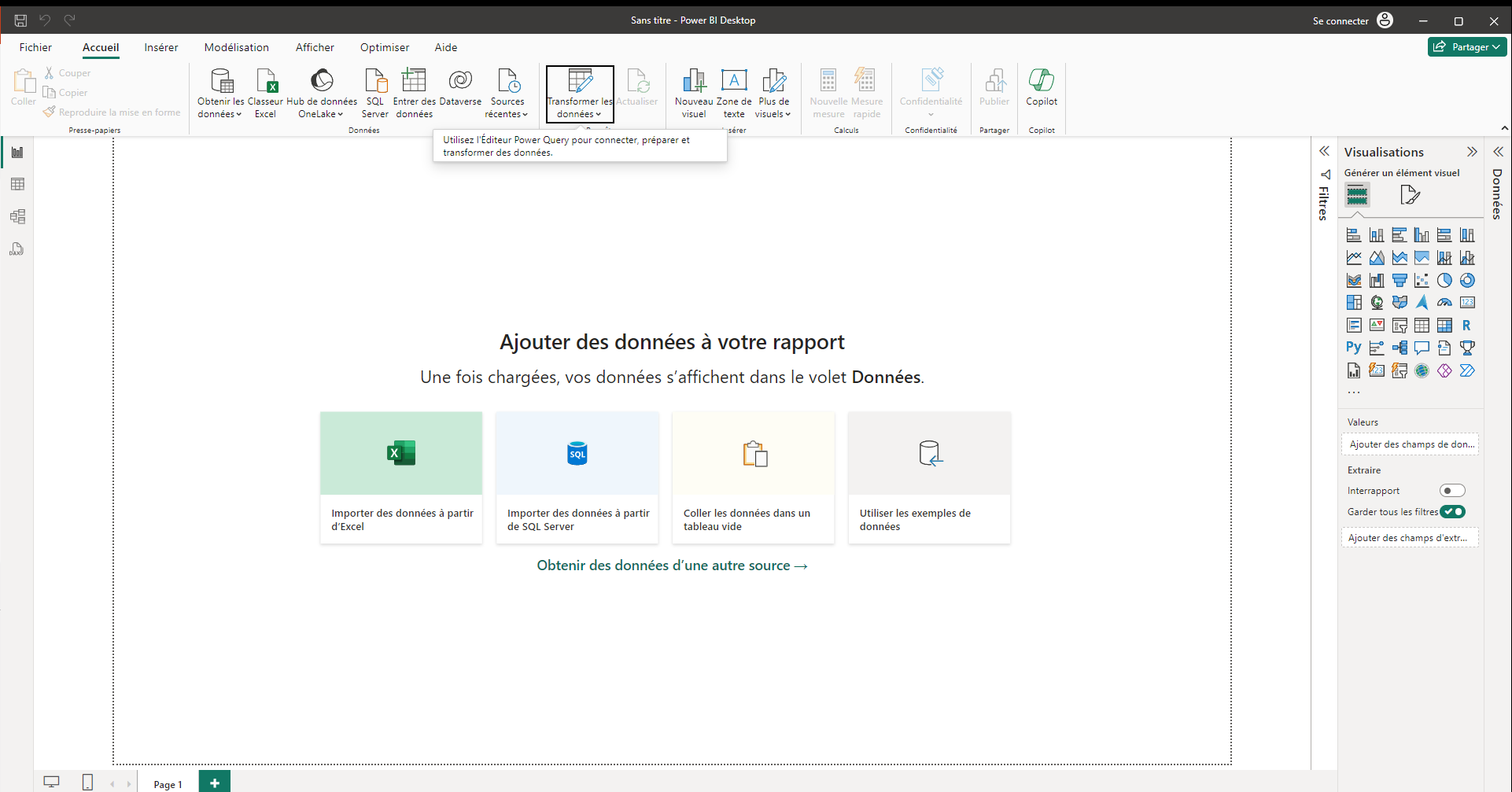 Interface de Power BI Desktop : ruban en haut, volets Visualisations et Données à droite, vues à gauche