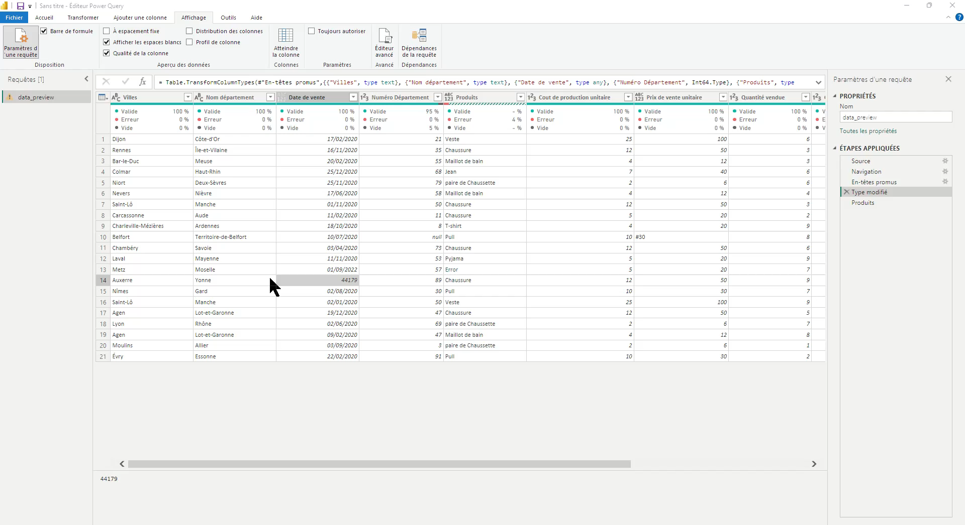 Éditeur Power Query onglet Affichage avec barres de qualité Valide Erreur Vide