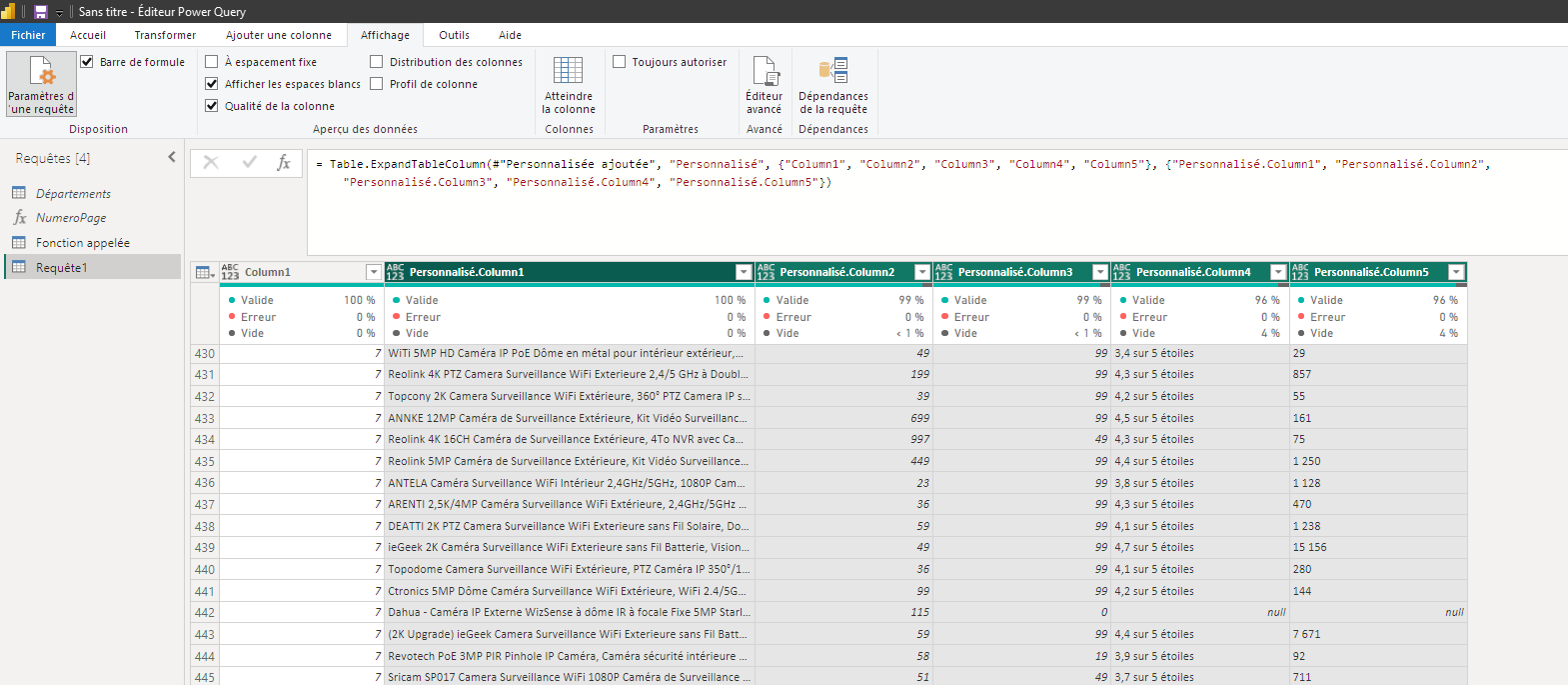 Résultat du webscraping : les 7 pages web développées en une seule table dans Power Query