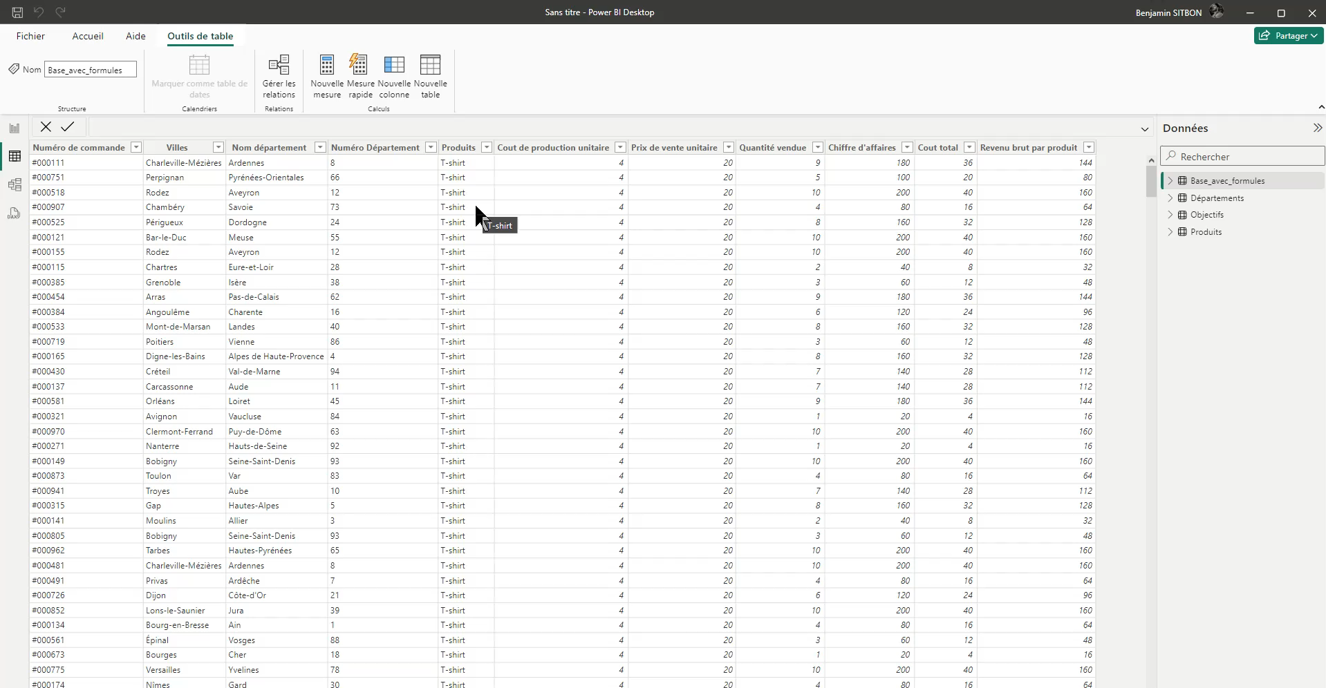 Vue Données de Power BI avec l'onglet Outils de table